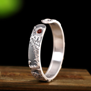 Bracciale in Argento Puro 999 per Uomo, Stile Retrò Opaco con Intarsi in Rame e Corniola, Apertura a Drago, Punk Rock Hip Hop - Product Image 4