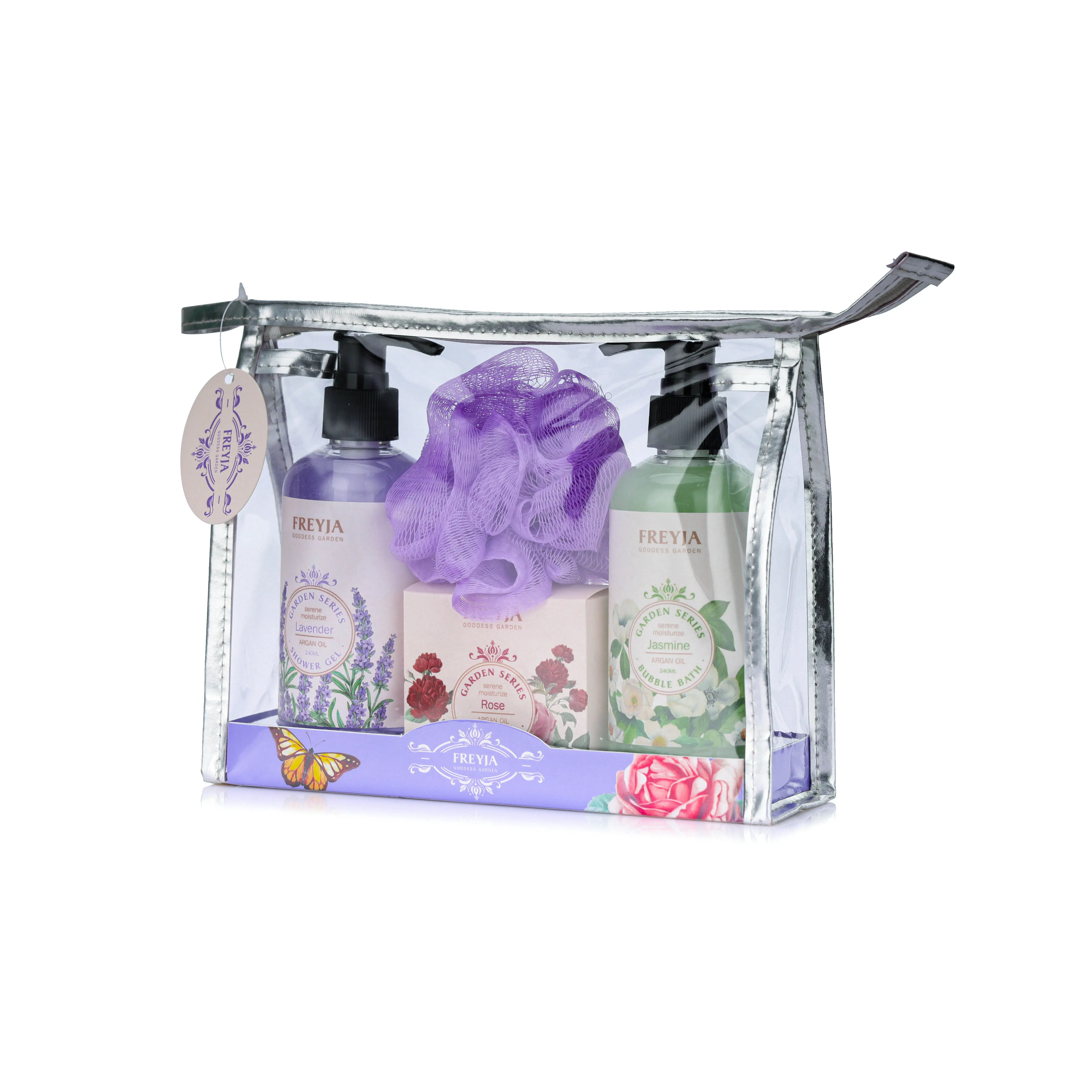 China factory lavender design 240ml shower gel bubble bath 100g bath salts spa gift sets items with bag