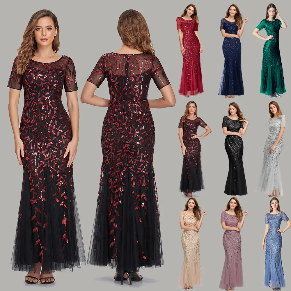 Ladies Short Sleeve Dinner Gown Evening Mesh Sequined Embroidery Maxi Formal Dresses Women Party Dress