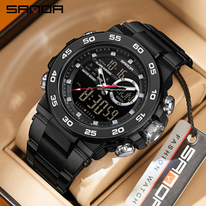 SANDA 6296 นาฬิกาข้อมือดิจิตอลสำหรับผู้ชาย จอแสดงผลคู่ หลายโซนเวลา มัลติฟังก์ชั่น กีฬากลางแจ้ง นาฬิกาอิเล็กทรอนิกส์เรืองแสง - Product Image 1