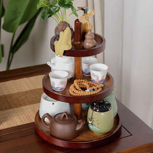 Triple Layer Wooden Tray Round Rotating Tea Set Display Rack For Afternoon Tea Dining <b>Table</b> Traditional New Chinese Style - Product Image 5