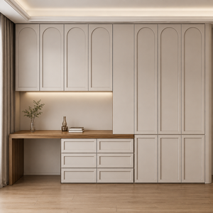 Armoire moderne à panneaux arqués avec bureau intégré et étagères ouvertes, certifiée FSC, meubles de chambre tout-<span class=keywords><strong>en</strong></span>-un - Product Image 1