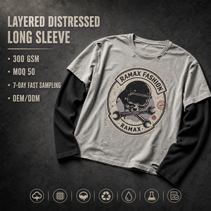Camiseta de manga larga para hombre, personalizada, 300GSM, con efecto desgastado, estampado gráfico de calavera, dobladillo deshilachado, estilo urbano, efecto dos piezas, OEM OD - Product Image 1