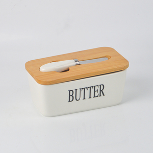 Caja de mantequilla de cerámica nevera caja de mantequilla de queso <span class=keywords><strong>rectangular</strong></span> con cuchillo y tapa de madera - Product Image 3