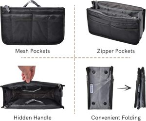 Organisateur de sac à main pliable en nylon noir avec 13 poches, idéal pour les sacs fourre-tout et les sacs infirmières – Grande capacité pour femmes - Product Image 3