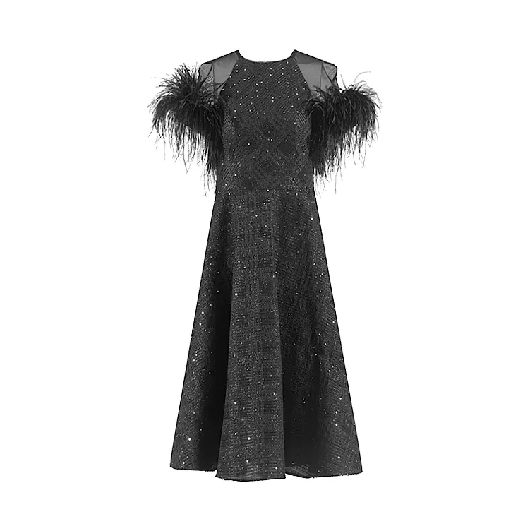New Design Summer Trendy Sexy Black Women Elegant Cocktail Wear Feathers Sequin Rhinestone Party Dresses