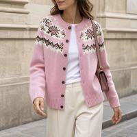 Cardigan floral pour femme, motif Fair Isle, manches longues, boutonnage frontal, épaules tombantes, bordure côtelée, pull tricoté vintage