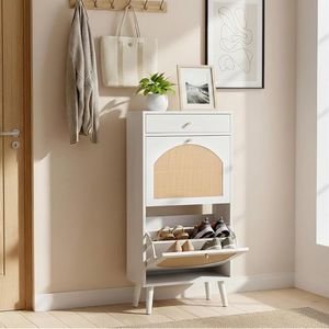 Meuble à chaussures moderne en rotin avec 2 tiroirs basculants, organisateur de rangement étroit pour entrée, étagère à chaussures en bois pour couloir et placard - Product Image 3