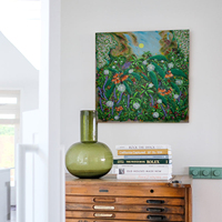 Peinture à l'huile abstraite florale de la jungle tropicale luxurante, peinte à la main, plantes sauvages colorées, impasto épais, botanique vibrante, sur bois à suspendre