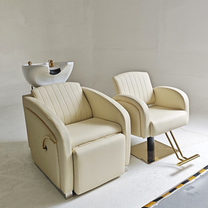 Sillón de Peluquería Hidráulico Ergonómico Reclinable Personalizable, Silla de Lavado de Cabeza de Lujo en Cuero PU Negro y Dorado, Moderno para Salón - Product Image 3