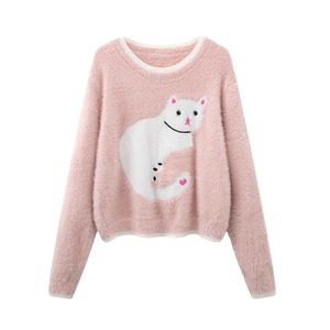 Pull col rond rose à imprimé chat pour femme Zhan Ya, coupe ample, manches longues, tricot anti-boulochage, collection automne-hiver - Product Image 5