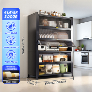 Armoire de cuisine en métal à porte rabattable, multifonctionnelle, noire, 5 niveaux, en acier, avec égouttoir à vaisselle pour la maison - Product Image 3
