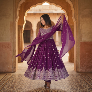 <b>Wine</b> Georgette Embroidered Anarkali Gown & Bottom with Dupatta | Elegant Festive Wear for Women - Product Image 1