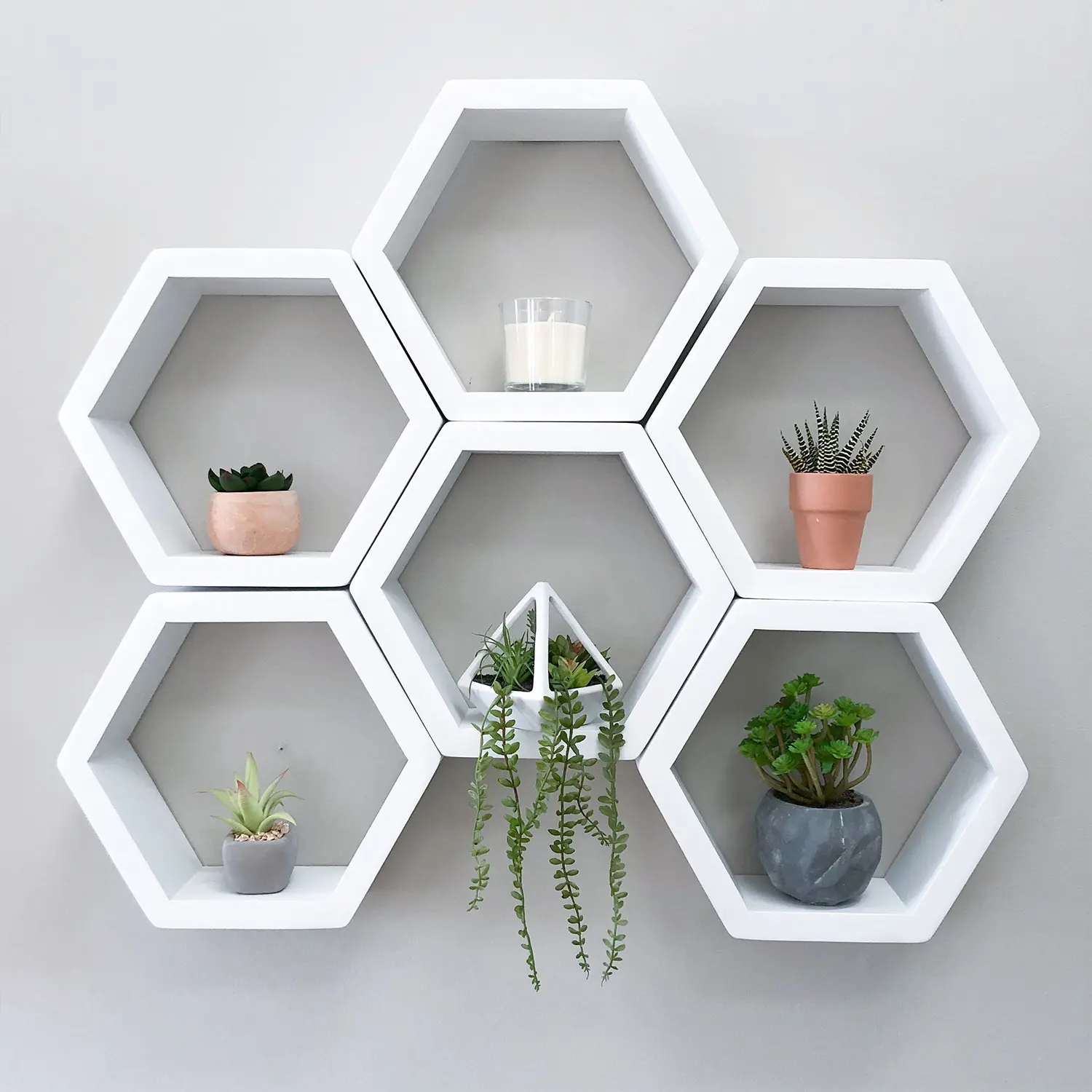 Bộ 6 màu trắng tổ ong kệ gỗ lưu trữ Kệ hiển thị hình học bằng gỗ nổi hình lục giác Kệ tường đồ nội thất nhà bếp