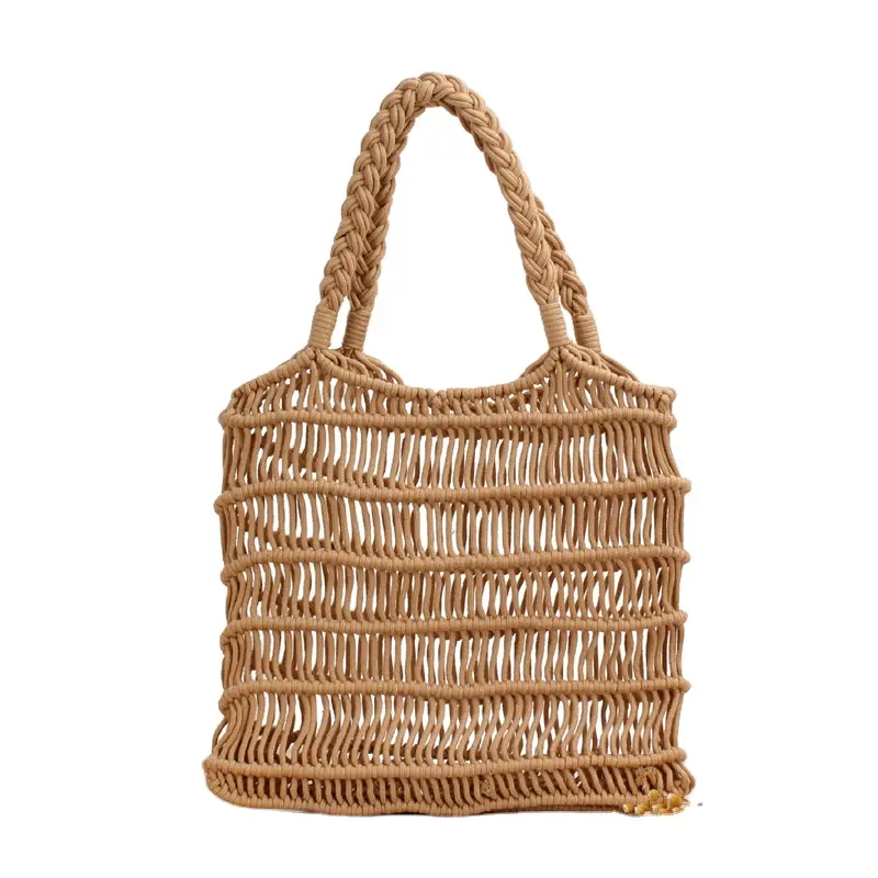 Tas jaring katun tenun buatan tangan pantai Bohemian: tas perjalanan rajutan tropis wanita modis dengan desain hutan berongga