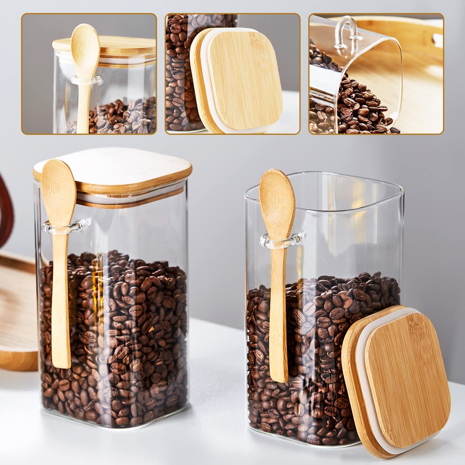 Glass Jars,1400ml/47oz Glass Kitchen Canisters Set of 2 with Airtight Bamboo Lid and Spoon,Glass Food Storage Containers