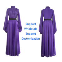 Robe longue en mousseline violette à col montant avec manches longues bouffantes, ceinture noire à la taille, robe de cérémonie modeste pour invitée de mariage, personnalisable