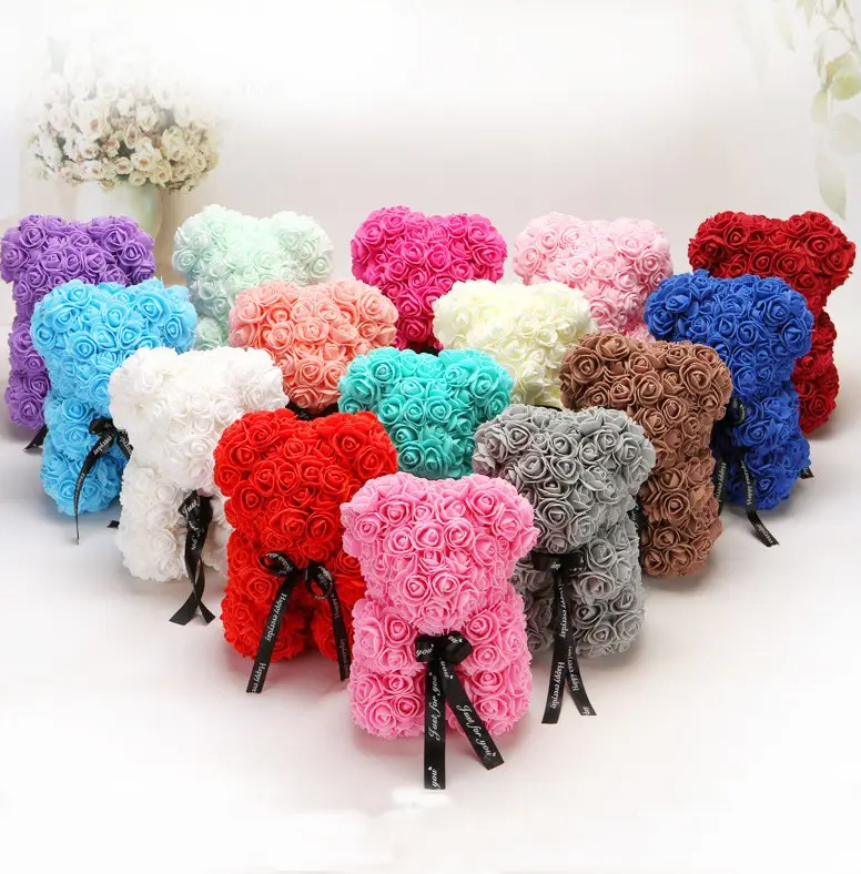 Lateefah OEM dia de las madres mama 25cm*15cm 101g rose flower bear with box foam bears made of flowers for mothers day gifts