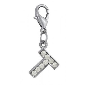Ciondolo a forma di lettera T in cristallo con pietre trasparenti, chiusura a moschettone tono argento per la creazione di gioielli - Product Image 1