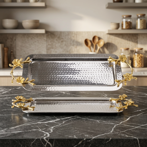 Floral Handle <b>Serving</b> <b>Tray</b> Polished Metal Rectangular Decorative <b>Tray</b> Residential Use - Product Image 6