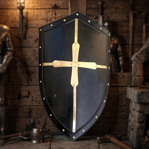 Bouclier de combat authentique en laiton avec croix des Templiers médiévaux, plaqué or - Product Image 2
