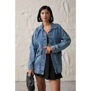 Chaqueta vaquera azul para mujer, estilo vintage con remaches decorativos, de algodón, corte holgado, abrigo de moda - Product Image 3