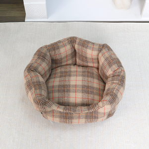 Petopia cama de algodón de lujo para mascotas para perros pequeños nuevo estilo a cuadros con patrón sólido cama redonda marrón clásica moderna embalada en cartón - Product Image 2