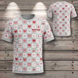 Maglietta Morbida Personalizzata con Motivo a Cuori e Griglia Minimalista, Nome Personalizzato, Regalo di San Valentino Unisex con Stampa Integrale - Product Image 1