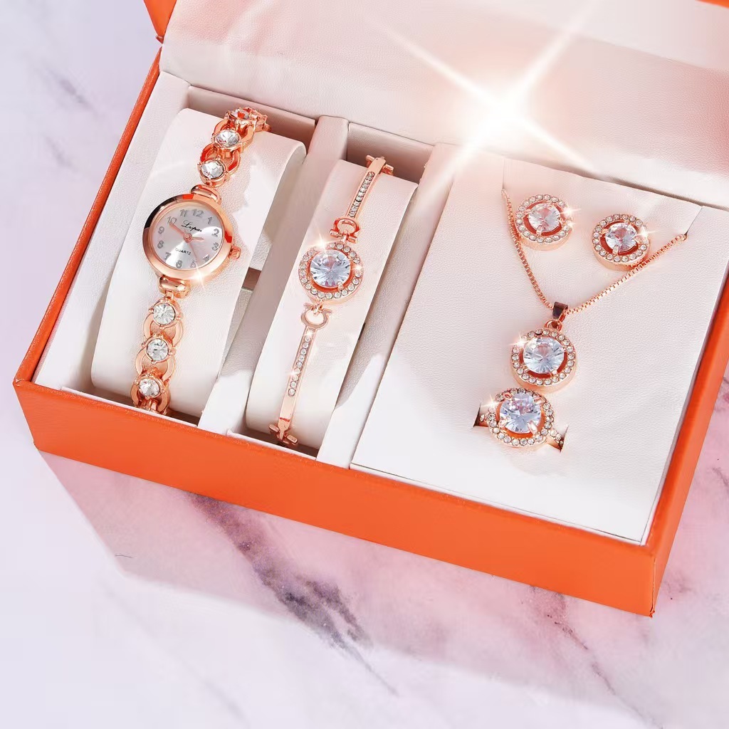 Wholesale Luxury Women Watches Crystal Bracelet Stud Earring Necklace Set Ladies Watch Casual Quartz Wrist Watch Set for Women