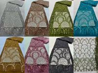 Tissu KC de luxe en forme d'éventail, avec paillettes, perles, dentelle en maille brodée, tulle infroissable et respirant pour mariage africain Aso Ebi