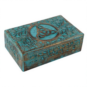 Top Quality Wholesale Selling Burnt Blue Wash 100% Natural and Unique Design Wooden Carved Storage Box from India - Product Image 1