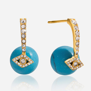 Boucles d'oreilles pendantes géométriques en turquoise bleue, œil porte-bonheur, plaqué or 18 carats, zircon blanc, bijoux à porter au quotidien - Product Image 1