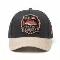 Gorra de béisbol deportiva de sarga con logotipo personalizado, estructurada tipo A, con bordado de pez rojo, bicolor, al por mayor