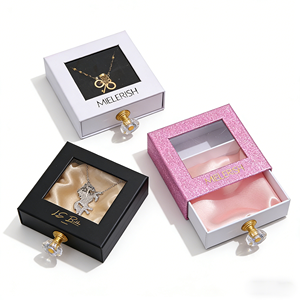 Boîte à bijoux de luxe personnalisée avec logo, tiroir, poignée en cristal, fenêtre en PVC, pour collier, boucles d'oreilles, bracelet, rangement cadeau - Product Image 1