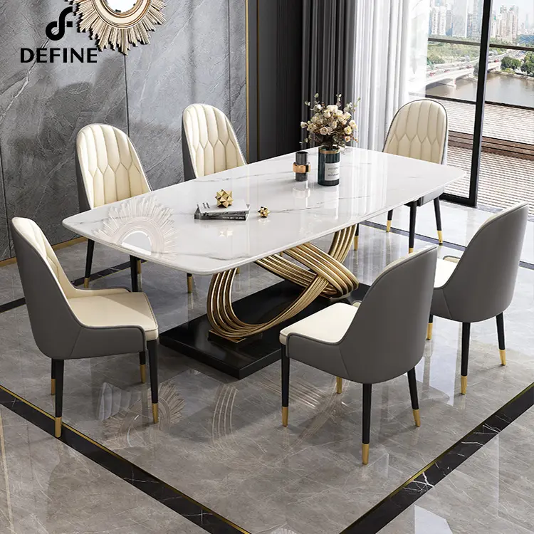 Conjunto moderno de sala de jantar, decoração de sala de jantar para móveis, mármore, pedra entalhada, retangular, mesa e cadeiras
