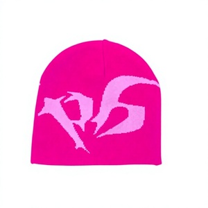 Gorro de punto jacquard rosa con patrón de letras, gorro de invierno unisex, estilo urbano, talla para adultos 56-58CM - Product Image 1