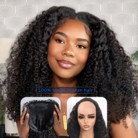 Perruque mi-tête bouclée birmane, perruque mi-tête afro crépue bouclée en cheveux humains, perruque sans colle avec cordon de serrage et clips invisibles, idéale pour les débutantes