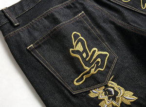 Jeans de Mezclilla Cruda de Corte Regular para Hombre, con Bordado Decorativo en la Parte Trasera y Diseño Clásico con Motivos Japoneses - Product Image 5