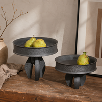 Plateau rond en céramique noire avec base sculpturale sur pieds, plateau décoratif pour la décoration de table et de la maison