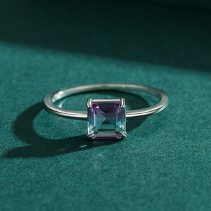 S925 Sterling Silver Square Gradient Faceted Gem Slim <b>Adjustable</b> <b>Ring</b> Ins Niche Design Gift Daily Wear Silver Jewelry For Women - Product Image 3