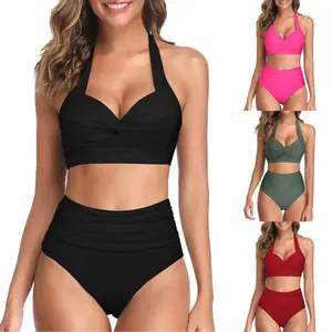 Venda quente Mulheres Duas Peças Vintage Swimsuit Retro Halter Ruched Biquíni De Cintura Alta Com Fundo