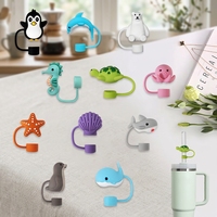 Venta al por mayor 3D Sea Animal Silicone Straw Cover Topper 10mm Straw Cap Toppers Creative Cartoon Marine Animal Straw Topper