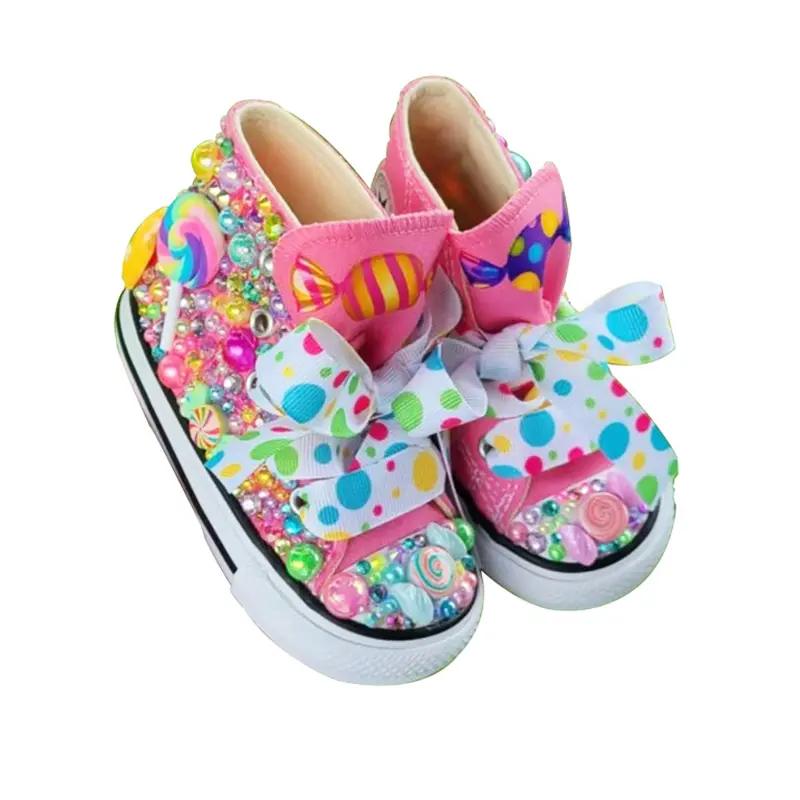 Random Lollipop Rainbow Candy Canvas Simulation DIY Kids Pearls Sneakers For Girl Birthday Party Dollbling Handmade Bling Shoes