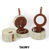 Boîte à bijoux de voyage avec miroir, petite boîte ronde à double couche en coton suédé, organiseur portable pour ranger les boucles d'oreilles, les bagues, pour femmes
