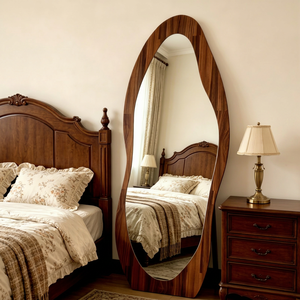 Heavenly Mirror Irregular Framed Acrylic Floor Standing Portable Stand Mirror Wooden Frame Retro Bedroom <b>Dressing</b> Table Decor - Product Image 1