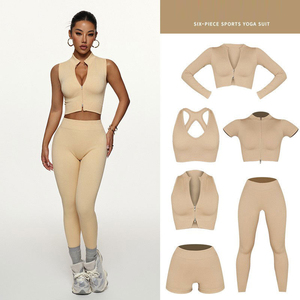 Ensemble de yoga 6 pièces pour femme le plus vendu : soutien-gorge de sport uni, veste à manches longues, haut à manches courtes, taille haute, effet push-up, tenue de fitness - Product Image 3