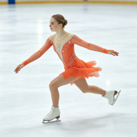 Robe de patinage artistique orange pour enfants et adultes, manches longues en maille, strass, jupe asymétrique en mousseline, pour compétition et spectacle de patinage sur glace