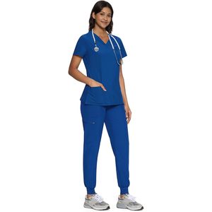 FOXA Women's Scrub Set V-Neck <b>Top</b> Cargo Pants 12 Pockets Hospital Uniforms - Product Image 2