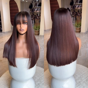 Cabello crudo <span class=keywords><strong>de</strong></span> un solo donante sin pegamento, pelucas con flecos <span class=keywords><strong>de</strong></span> cabello humano vietnamita dibujado doble, pelucas con flequillo <span class=keywords><strong>de</strong></span> cortina recta <span class=keywords><strong>de</strong></span> hueso marrón Chocolate - Product Image 5