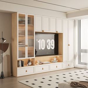 Meuble TV en bois LED au design moderne, meuble de luxe pour le salon, unité de divertissement murale - Product Image 2